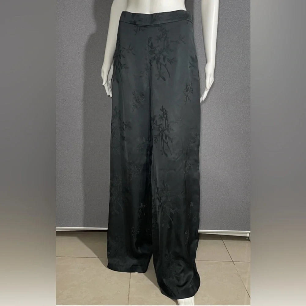 Zara NWT dark hunter green embroidered floral satin wide straight leg pants